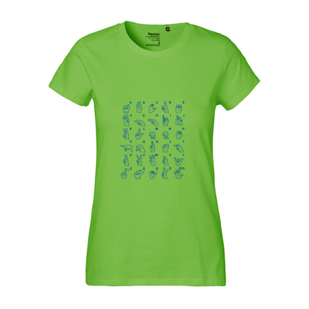 Damen T-Shirt in Limettengrün mit Aufdruck des Gebärdenalphabets in Blau
