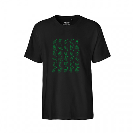 Herren T-Shirt in Schwarz mit Aufdruck des Gebärdenalphabets in Waldgrün