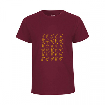 Kinder T-Shirt in Bordeaux mit Aufdruck des Gebärdenalphabets in Gelb