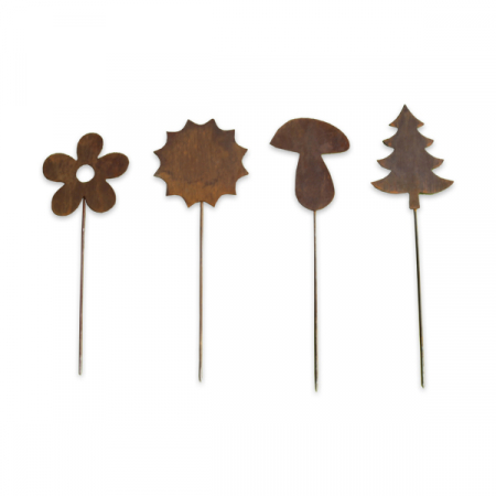 Gartenstecker im Rost-Look mit den Motiven Blume, Pilz, Sonne und Tannenbaum